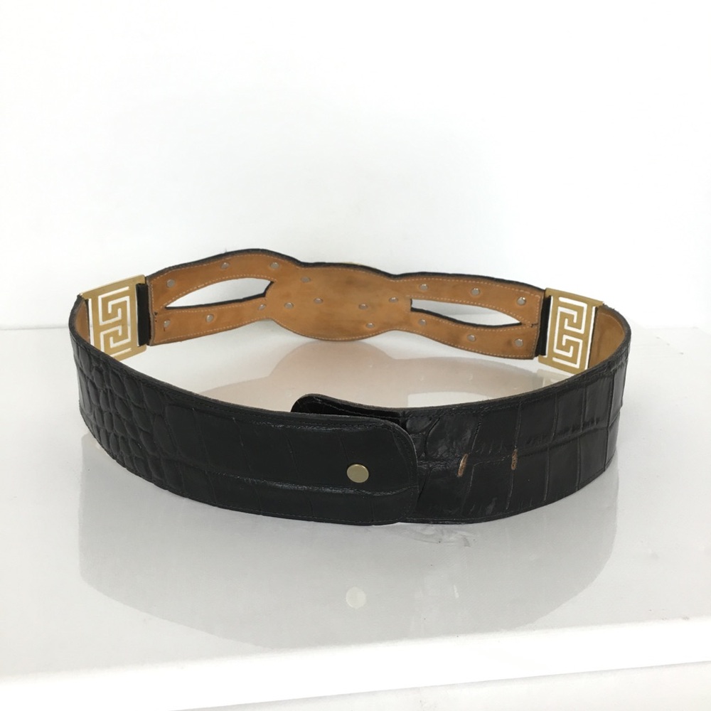 Vintage Lion Head Gold Tone Wide Statement Belt Black Croc Embossed - Picture 6 of 12